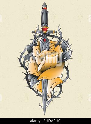 Rose Tattoo neo traditionell mit Dolch Stock Vektor