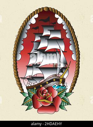 Schiff Tattoo alte Schule mit einer Rose Stock Vektor