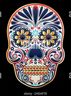 mexikanischer Totenschädel in Blau für den Tag der Toten oder halloween Stock Vektor