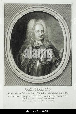 Gravurporträt von Prinz Karl von Dänemark. 1733. Von Bernard Picart Prinz Charles von Dänemark und Norwegen (1680 – 1729) war der vierte Sohn von Chr. Stockfoto