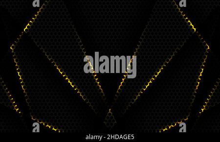 Schwarzes Sechskant-Kohlefaser-Gaming-Sport-Tech-Hintergrund mit gelben Linien und Schatten-Objekte. Honeycomb Technologie abstrakter Hintergrund hexagonal Carbon Stock Vektor