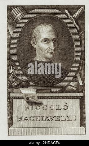 Gravurporträt von Niccolò Machiavelli. Niccolò di Bernardo dei Machiavelli (1469 – 1527) war ein italienischer Diplomat, Autor, Philosoph und Histor Stockfoto