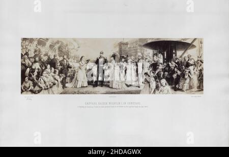 Vintage-Gravur des Empfangs von Kaiser Wilhelm I. in Constanz: Begleitet von Großherzog Friedrich von Baden und seiner Familie, bei seiner Rückkehr aus der Stadt Stockfoto