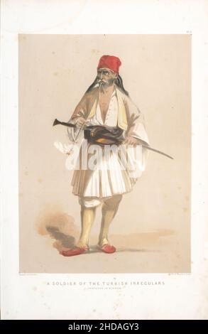 Vintage-Farblithographie des Osmanischen Reiches: Ein Soldat der türkischen Irregularen, skizziert in Albanien. 1854, von Forbes Mac Bean (Künstler) und Justin Sut Stockfoto