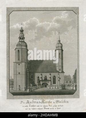 Gravur der St. Andreas-Kirche in Eisleben, zu der Luther zuletzt in der Nähe seines Todes predigte, und des Hauses dahinter, in dem er starb. 1800 Stockfoto