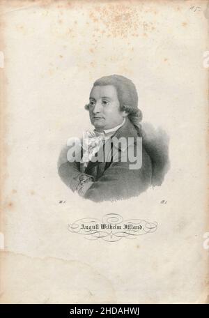 Gravurporträt von August Wilhelm Iffland. 1840 August Wilhelm Iffland (1759 – 1814) war ein deutscher Schauspieler und Dramaturgie. Stockfoto