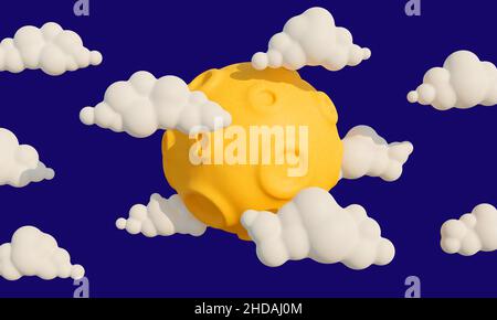 Cartoon-Mond mit Krater umgab flauschige Wolken Stockfoto