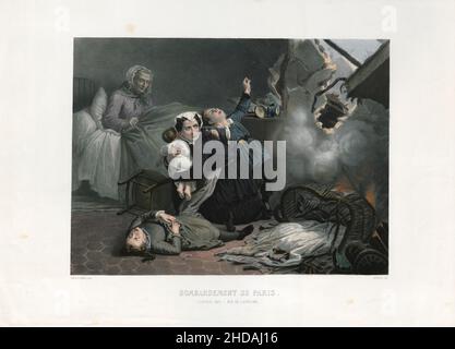 Französische antideutsche Lithographie aus der französisch-preußischen Kriegszeit: Bombardierung von Paris: Januar 1871, Rue De Lourcine. 1871 Stockfoto