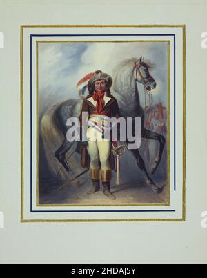 Vintage-Farblithographie der Französischen Revolution: Französischer revolutionärer Offizier mit Pferd. 1793 1837, von Jacques-Francois Llanta (1807-1864) Stockfoto