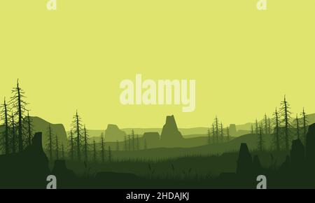 Bergpanorama mit fantastischen trockenen Baum Silhouette der Landschaft in der Dämmerung .Vektor-Illustration einer Stadt Stock Vektor