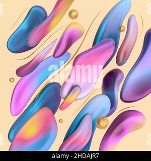Abstrakte, lebendige Illustration organischer Formen mit Farbverlauf, goldenen Linien und Kugeln. 3D Rendern. Stockfoto