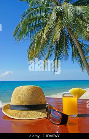 Sonnenhut mit Sonnenbrille und Fruchtsaft unter Palmen am Strand in Thailand Stockfoto