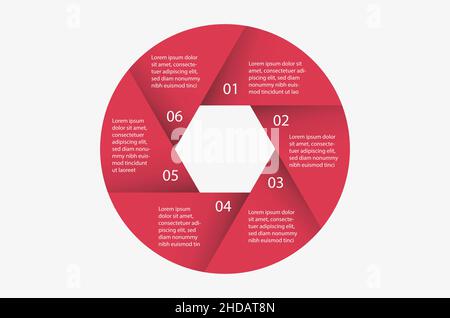 Infografik in Form einer Öffnung in sechs Schritten mit Text. Stock Vektor