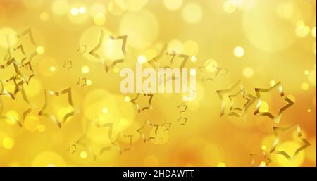 Bild von goldenen weihnachtssternen und beweglichen gelben Bokeh Lichtflecken Licht auf orangefarbenem Hintergrund Stockfoto