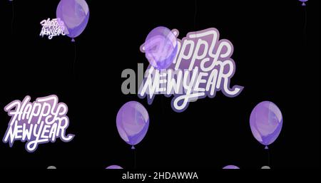 Bild des glücklichen neuen Jahres in weiß und lila, mit lila Ballons auf schwarzem Hintergrund Stockfoto
