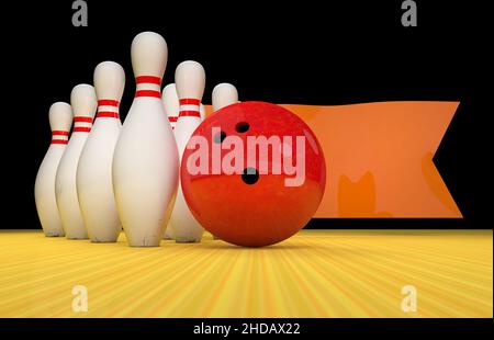 Bowling-Pins und Bowling-Ball mit oranger Flagge. 3D Rendern Stockfoto