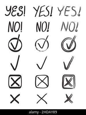 Vektor-Set prüfen und kreuzen. Markierungen für Kreuzpinsel. OK- und X-Symbole im handgezeichneten Stil. SCHALTFLÄCHE „JA“ und „NEIN“. Doodle, Skizze Checkbox Symbole, vot Stock Vektor