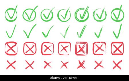 Vektor-Set prüfen und kreuzen. Markierungen für Kreuzpinsel. OK- und X-Symbole im handgezeichneten Stil. SCHALTFLÄCHE „JA“ und „NEIN“. Doodle, Skizze Checkbox Symbole, vot Stock Vektor