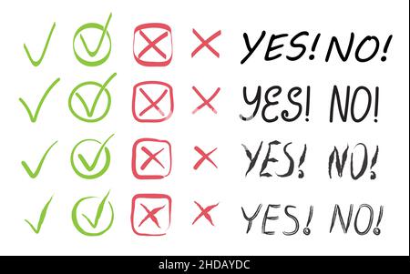 Vektor-Set prüfen und kreuzen. Markierungen für Kreuzpinsel. OK- und X-Symbole im handgezeichneten Stil. SCHALTFLÄCHE „JA“ und „NEIN“. Doodle, Skizze Checkbox Symbole, vot Stock Vektor