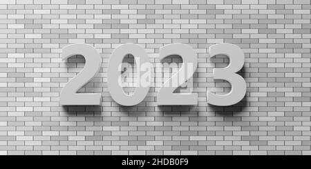 2023 Neujahr. Weiße Ziffer auf grauem Ziegelsteinwand-Hintergrund. Nummer an der Gebäudefassade. 3D Abbildung Stockfoto
