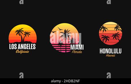 T-Shirt-Prints, Bekleidungslayouts, Kleidungsvorlagen im Vintage-Retro-Stil der 80er Jahre mit Palmen, Sonnenuntergang und Vögeln, Symbolen von Los Angeles, Miami, Honolulu Stock Vektor