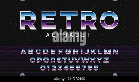 Futuristische retrowave Schrift. Gestreifte, gradient metallische Buchstaben und Zahlen auf dem Hintergrund des Raums. Sci-Fi-Alphabet im Stil der 80er Jahre. Synth Wave ABC. Stock Vektor