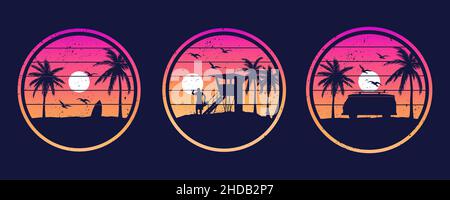 Kollektion von T-Shirt-Prints im Urlaubsstil | Miami LA USA Hawaii Good Vibes | Vektorgrafikvorlagen für Bekleidung und Bekleidung Stock Vektor
