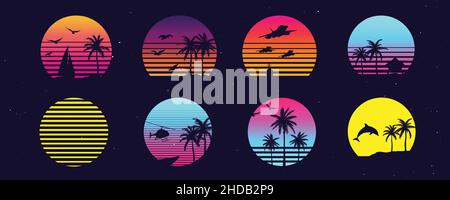 Dekorativ, Banner, Synth, Welle, Dampf, Retro, Icon, isoliert, Grafik, Vektor, Design, Set, Palmen, Sonnenuntergang, Strand, Baum, Meer, tropisch, Sonne, Himmel, meer Stock Vektor