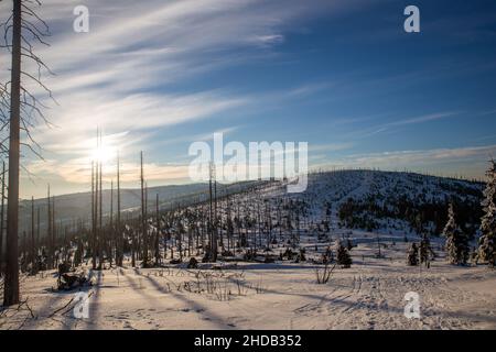 Sonne über dem bayerischen Wald im Winter Stockfoto