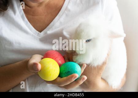 Frau mit Hasen und ostereiern Stockfoto