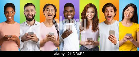 Dating-App Vielfältige Junge Menschen Mit Smartphones In Den Händen Über Bunten Hintergründen Stockfoto