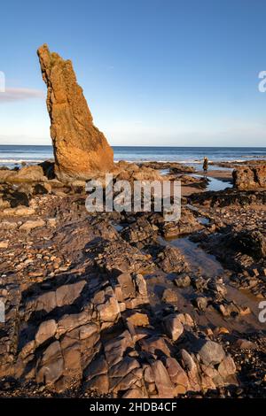 Die Felsenspitze am Strand im Küstendorf Cullen in Moray, Schottland. Stockfoto