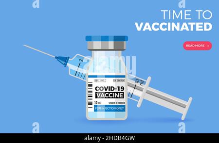 Covid-19 Coronavirus-Impfstoff und Spritze isoliert auf blau Stock Vektor