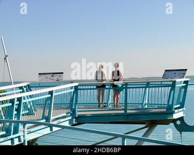 Touristen genießen die Aussicht auf den DRAWIN Hafen von einer Terrasse an der Esplanade Stockfoto