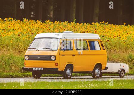 DIEREN, NIEDERLANDE - 14. AUGUST 2016: Retro-Stil Bild eines Vintage Volkswagen Transporters mit Popup-Camper auf einer lokalen Straße Stockfoto