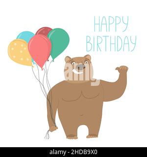 Geburtstagskarte im Cartoon-Stil. Grußkarte mit Bär-Charakter mit Ballons. Stock Vektor