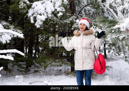 Eine Frau im Weihnachtsmann-Hut mit einer roten Geschenktüte spaziert im Winter in einem schneebedeckten Pinienwald Stockfoto