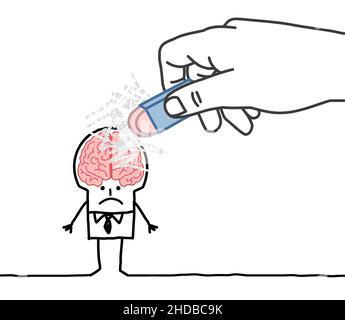 Handgezeichnete große Hand, das Gehirn eines Cartoon-Mannes löschen Stock Vektor
