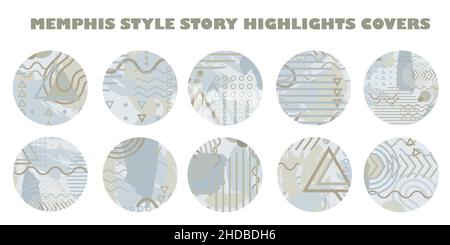 Neutrale Farbe beige Vektor Memphis Design Stil Social Media Geschichte Highlight deckt. Lustige handgezeichnete Symbole mit handgezeichneten Pinselstrichen Stock Vektor