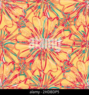 Moderne abstrakte Gerbera Gänseblümchen Blume nahtlose Muster Hintergrund. Malerisch wiederholen, tropisch orange rote Kulisse. Mit botanischem Kunstlino-Druck Stock Vektor