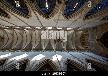 Das Ulmer Münster ist eine lutherische Kirche (von innen). Mit einem Kirchturm von 161,5 Metern (530 Fuß) ist sie derzeit die höchste Kirche der Welt. Stockfoto