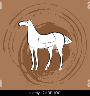 Schwarz-weiß stehendes Pferd. Anmutiger, gesattelte Mustang. Silhouette des Hengstes. Pferdesport Umriss Symbol. Minimalistischer Stil. Handzeichnung auf Ross. Idee Stock Vektor