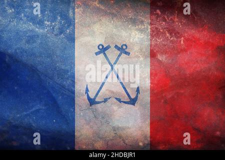 Draufsicht auf Retrolag Marque CEMM, Stabschef der französischen Marine, Frankreich mit Grunge-Textur. Französisches Reise- und Patriot-Konzept. Kein Fahnenmast. Planen Stockfoto