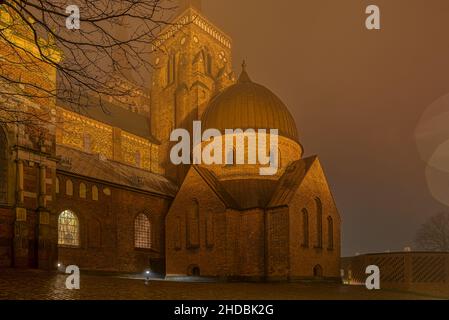 Roskilde Kathedrale, beleuchtet eine neblige Nacht im Januar, Roskilsde, Dänemark, 1. Januar 2022 Stockfoto