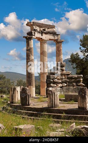 Die kreisförmige Delphi Tholos Tempel mit dorischen Säulen, 380 v. Chr., Heiligtum der Athena Pronaia Delphi Archäologische Stätte, Griechenland Stockfoto