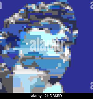 Klassische Büstenskulptur. 3D Rendering von Michelangelos David-Kopf im Pixel Art Retro 8-Bit-Stil. RetroWave- und Vaporwave-Ästhetik der 80er-90er-Jahre. Stock Vektor