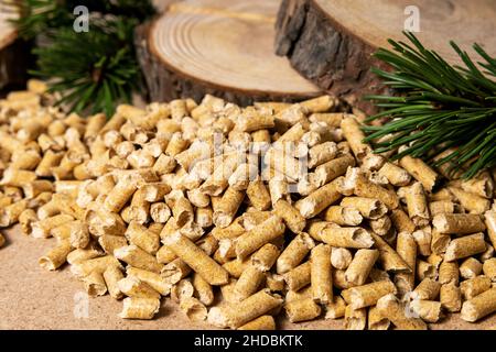 Kiefernholzpellets. Erneuerbare nachhaltige Energie. Biomasse Stockfoto