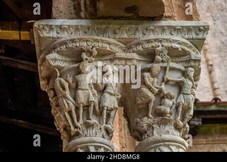 Säulenkapitell, Kreuzgang, Benediktinerkloster, Kathedrale Santa Maria Nuova, Monreale, Sizilien, Italien Stockfoto