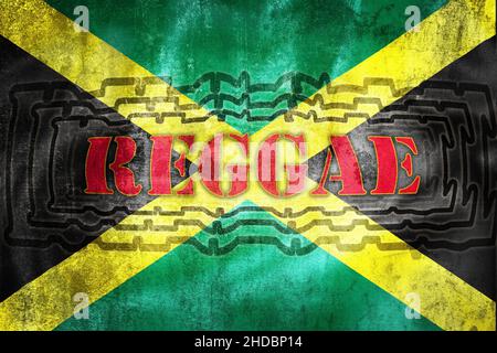 Reggae-Label-Illustration auf grunge Jamaica-Flagge, Symbol des Musikgenres Stockfoto