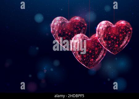 Drahtmodell rote Herzen in Low-Poly-Stil. Sankt-Valentinstag-Konzept mit glühenden niedrigen Polyherzen. Futuristisch, modern, abstrakt. Isoliert auf dunkelblau b Stock Vektor